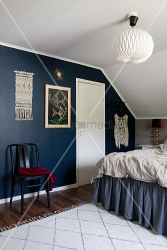 Bohemian Bedroom With Dark Blue Wall Buy Image 12610856