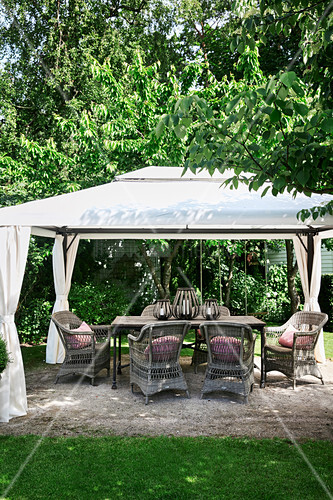 Seating area below pavilion